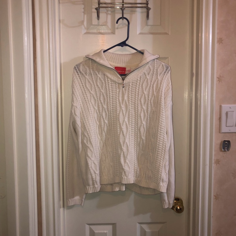 White Knitted Quarter Zip Sweater